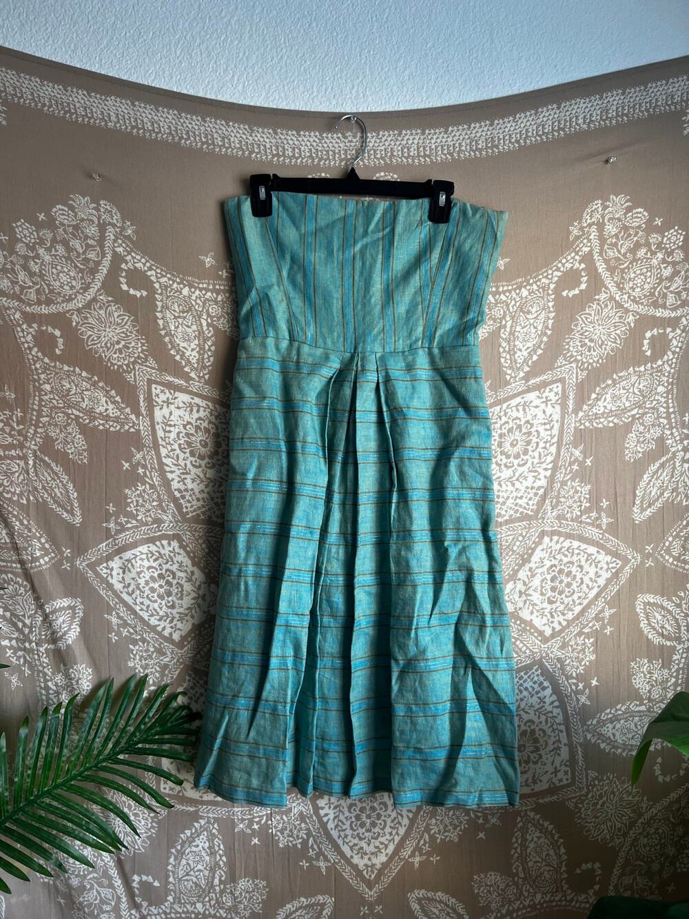 Heidi Merrick Teal Gold Pinstripe Strapless Pleated Dress Size 8